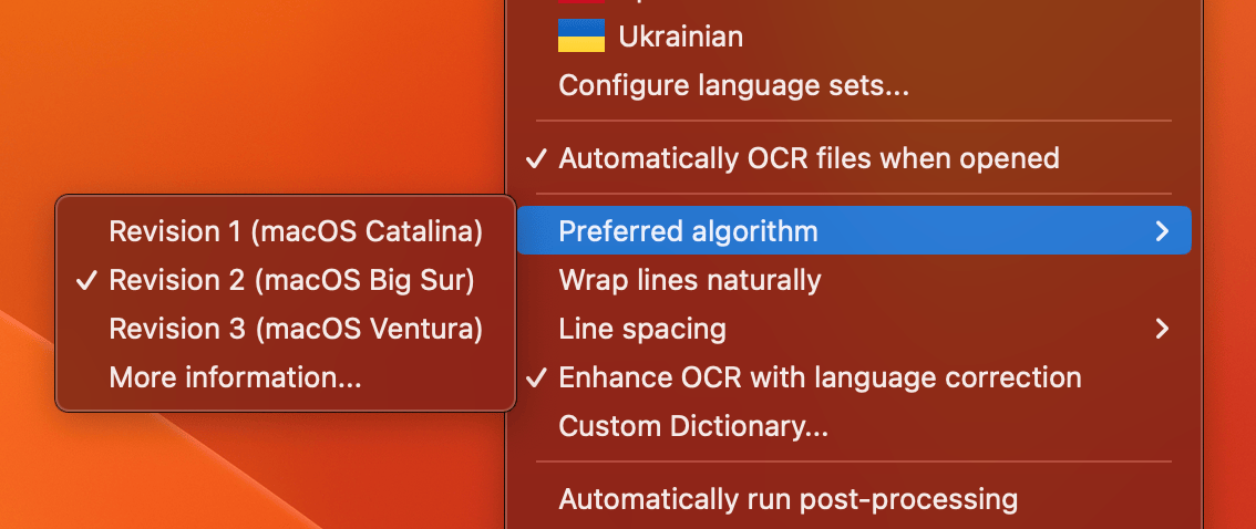 screenshot of OwlOCR algorithm revision settings