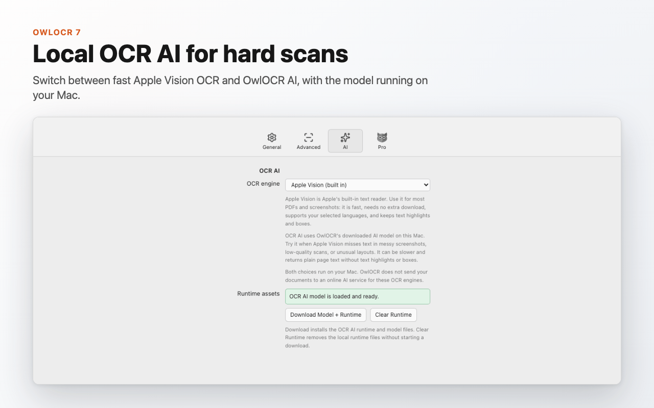OwlOCR 7 OCR AI settings showing local model management