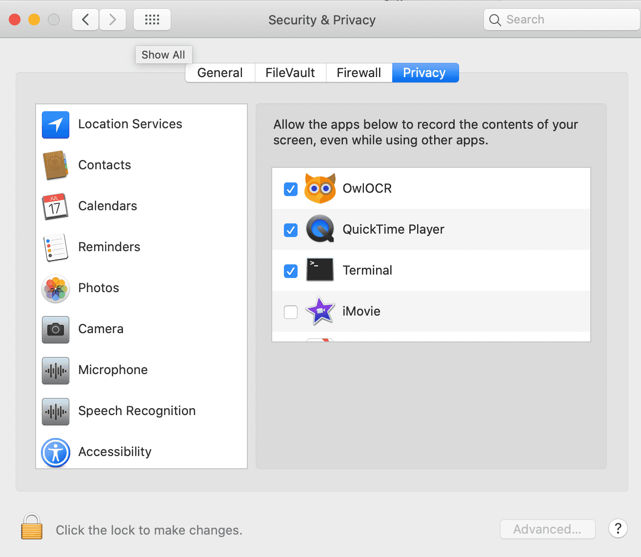 screenshot of privacy menu